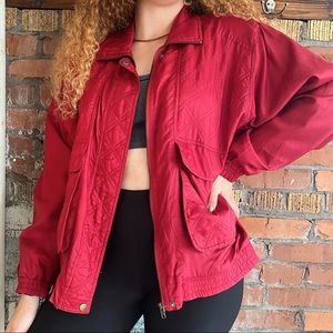 100% Silk Lavon Ruby Red Bomber Jacket with Quilted Front